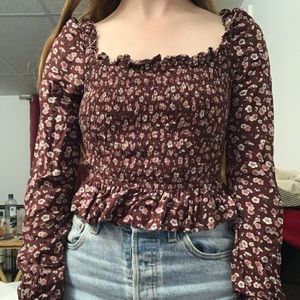 Wild Fable Maroon Floral Puff Long Sleeve Top